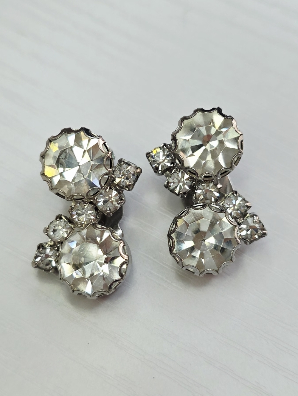 Vintage Mid Century Crystal Cluster Rhinestone Silver-Tone Drop Earrings